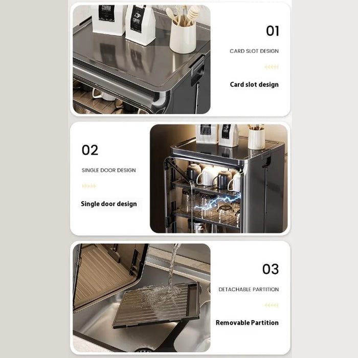 Large Size 4 Tier Cup Organizer PP Storage Cabinet Countertop Coffee Mugs Glasses Draining Shelf with Transparent Door - Black - 7