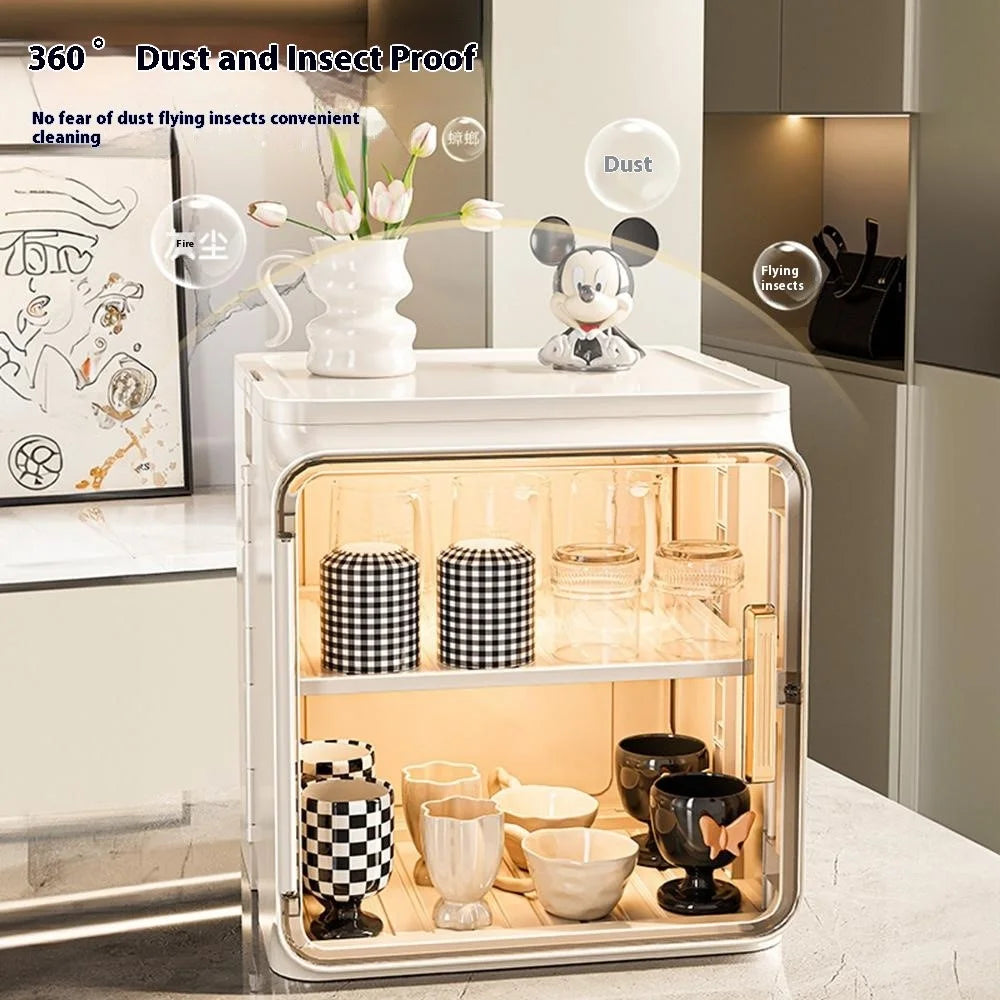 Small Size 2 Tier Cup Organizer PP Storage Cabinet Countertop Coffee Mugs Glasses Draining Shelf with Transparent Door - Beige - 2