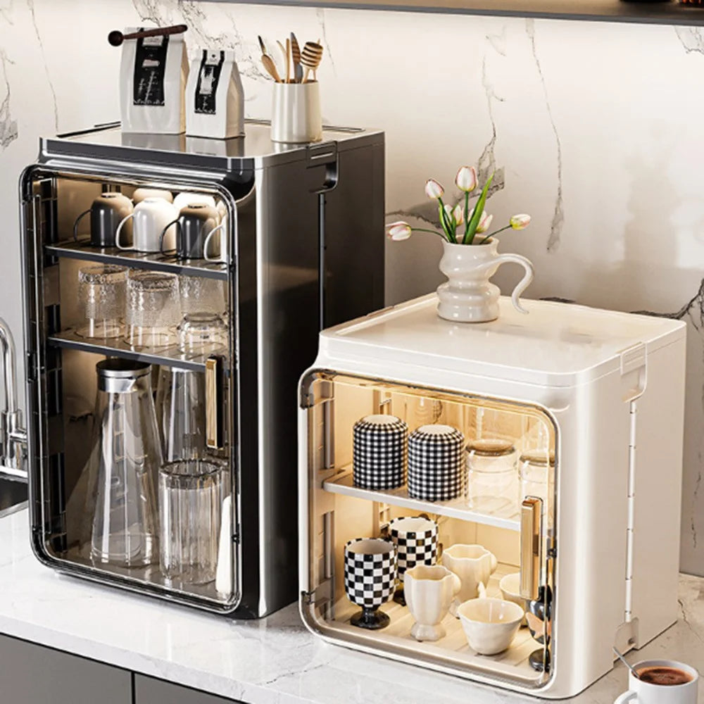 Small Size 2 Tier Cup Organizer PP Storage Cabinet Countertop Coffee Mugs Glasses Draining Shelf with Transparent Door - Beige - 3