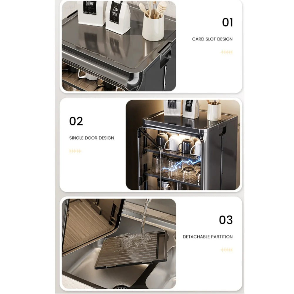 Small Size 2 Tier Cup Organizer PP Storage Cabinet Countertop Coffee Mugs Glasses Draining Shelf with Transparent Door - Beige - 6