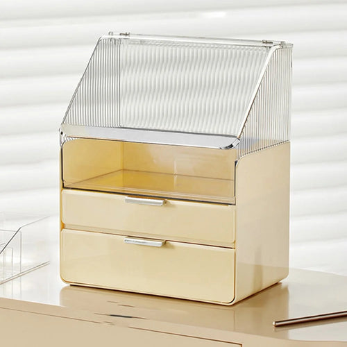Makeup Organizer Large Capacity Dustproof Desktop Cosmetic Storage Box with Drawers - Beige - 1