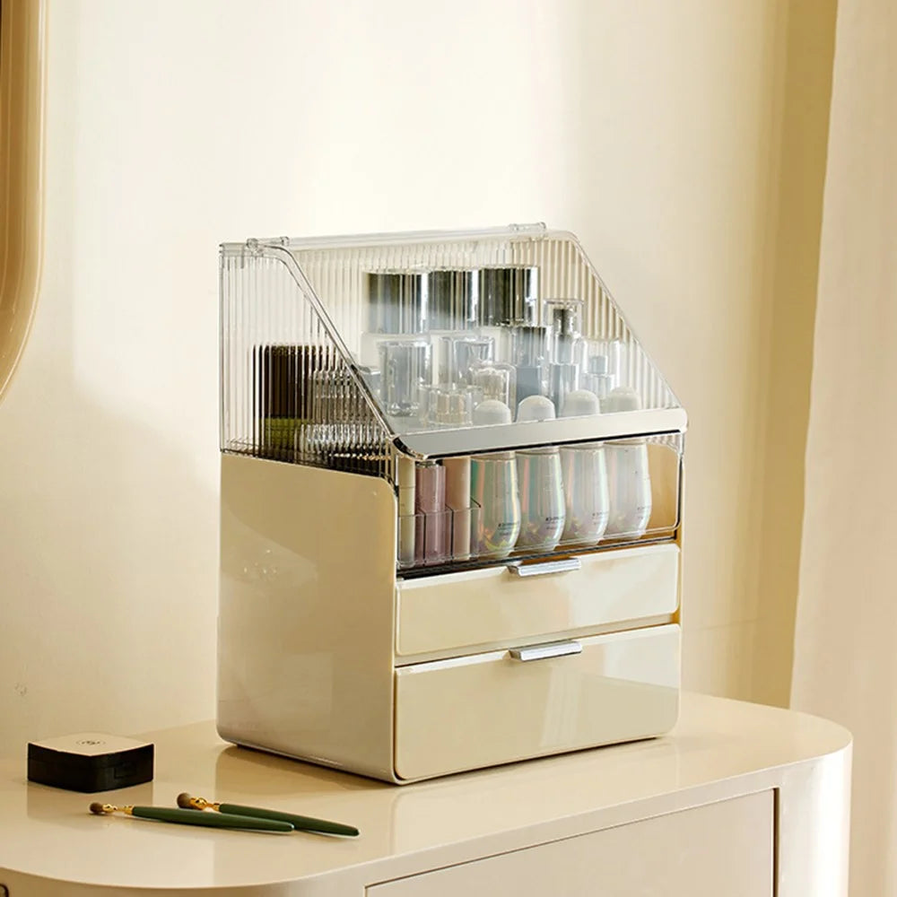 Makeup Organizer Large Capacity Dustproof Desktop Cosmetic Storage Box with Drawers - Beige - 2