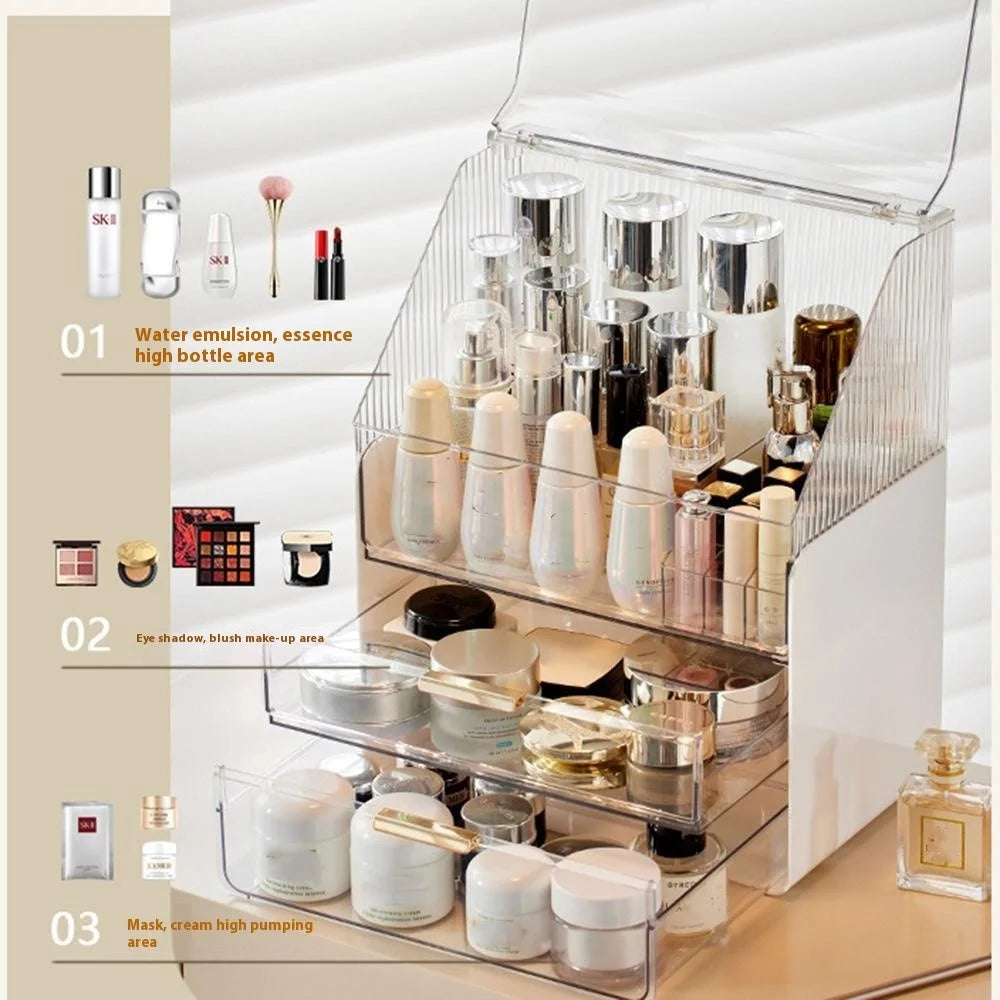 Makeup Organizer Large Capacity Dustproof Desktop Cosmetic Storage Box with Drawers - Beige - 3