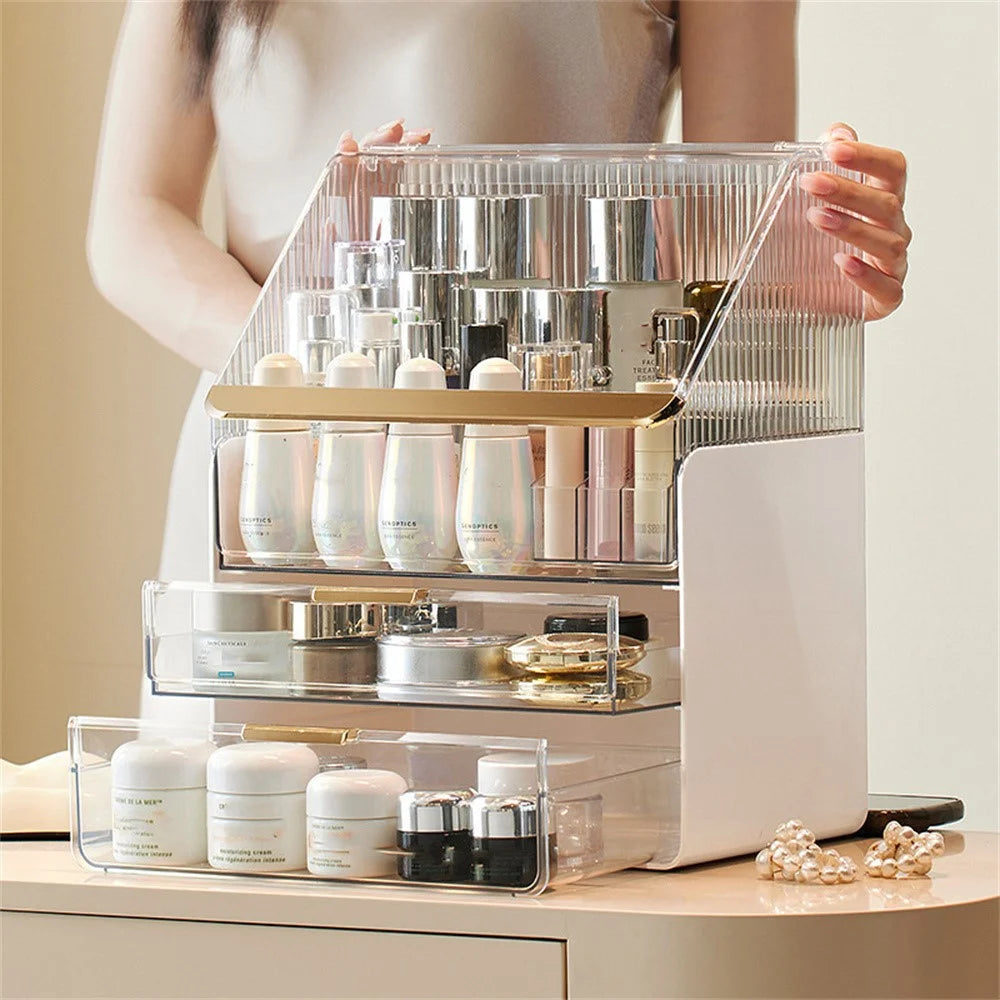 Makeup Organizer Large Capacity Dustproof Desktop Cosmetic Storage Box with Drawers - Beige - 4