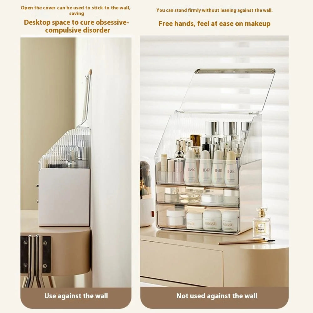 Makeup Organizer Large Capacity Dustproof Desktop Cosmetic Storage Box with Drawers - Beige - 7