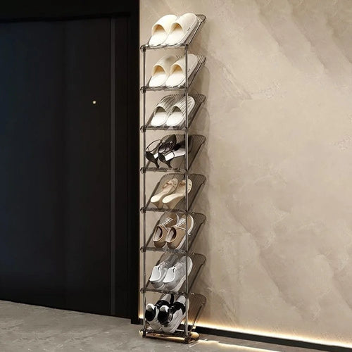 8 Tier PP + Stainless Steel Pipe Narrow Shoe Rack Easy Assembly Space Saving Storage Shelf - Transparent White - 1