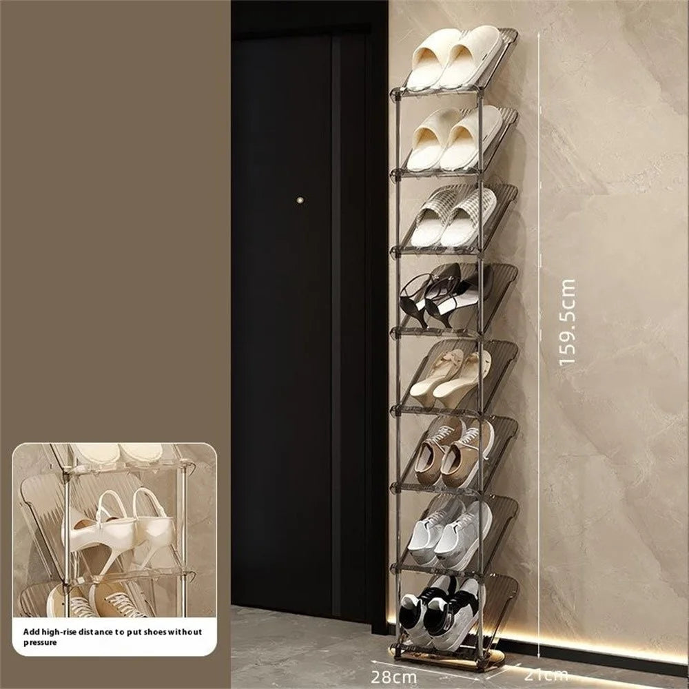 8 Tier PP + Stainless Steel Pipe Narrow Shoe Rack Easy Assembly Space Saving Storage Shelf - Transparent White - 6