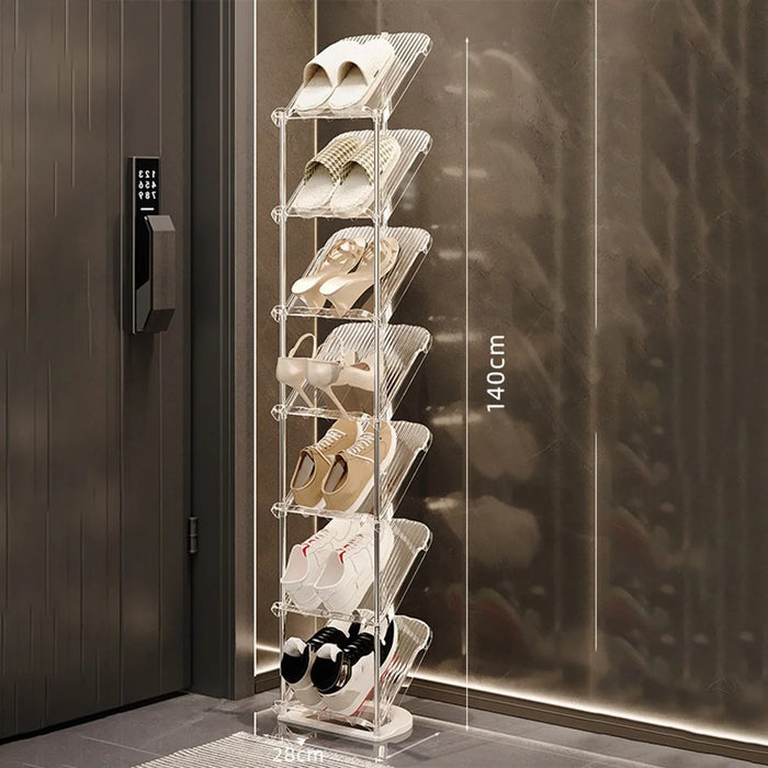 7 Tier PP + Stainless Steel Pipe Narrow Shoe Rack Easy Assembly Space Saving Storage Shelf - Transparent White - 6