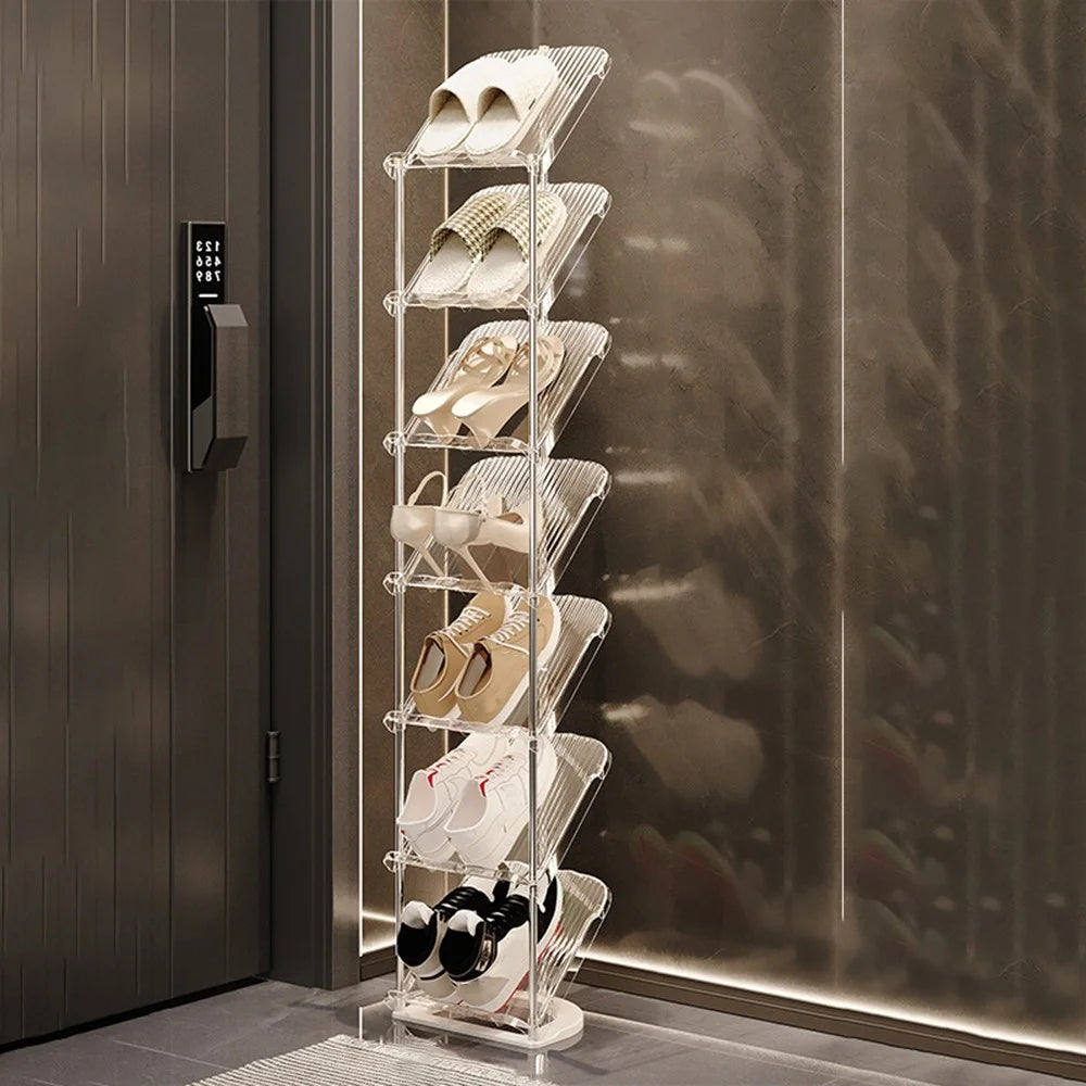 7 Tier PP + Stainless Steel Pipe Narrow Shoe Rack Easy Assembly Space Saving Storage Shelf - Transparent White - 1