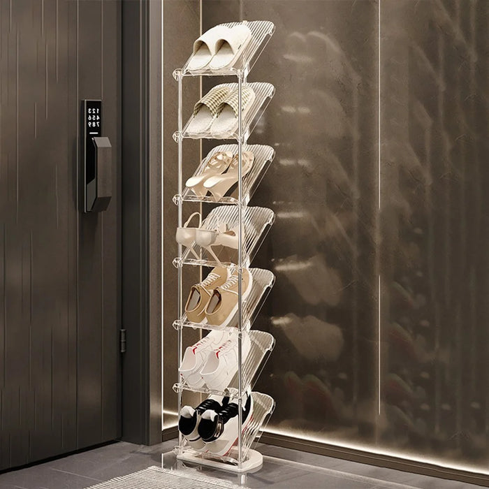 7 Tier PP + Stainless Steel Pipe Narrow Shoe Rack Easy Assembly Space Saving Storage Shelf - Transparent White - 1