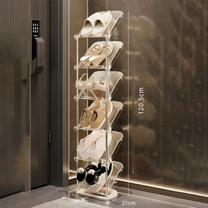 6 Tier PP + Stainless Steel Pipe Narrow Shoe Rack Easy Assembly Space Saving Storage Shelf - Transparent White - 6