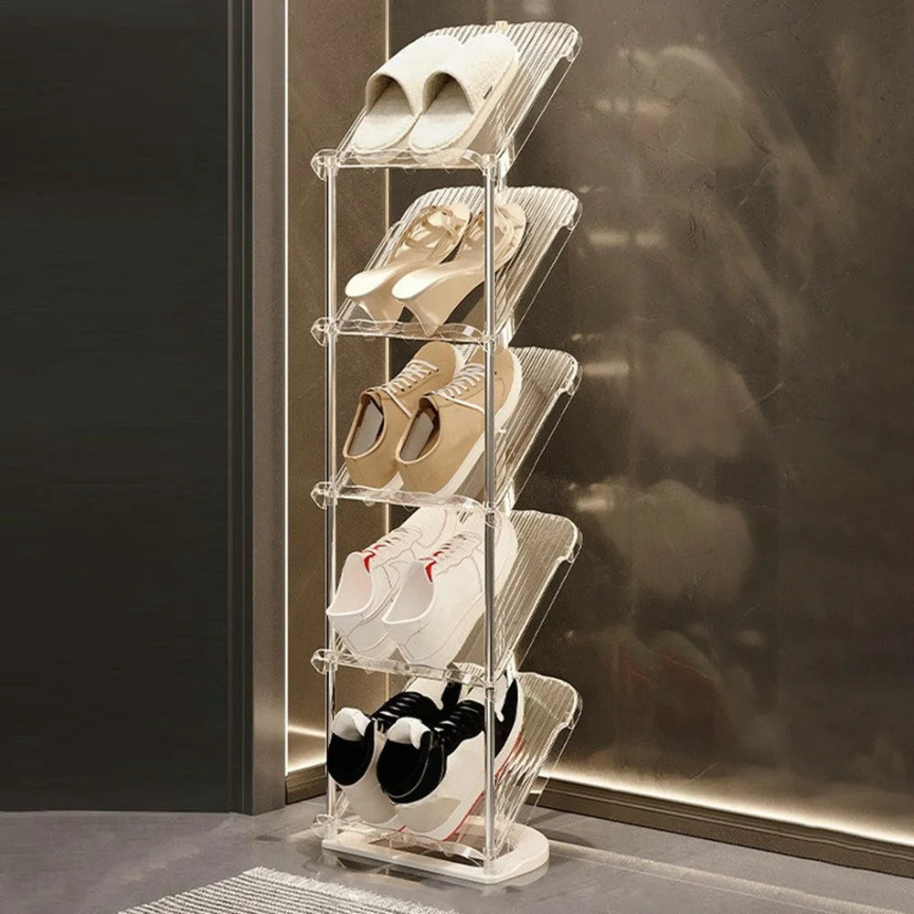 5 Tier PP + Stainless Steel Pipe Narrow Shoe Rack Easy Assembly Space Saving Storage Shelf - Transparent White - 1