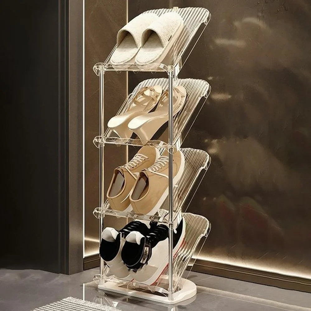 4 Tier PP + Stainless Steel Pipe Narrow Shoe Rack Easy Assembly Space Saving Storage Shelf - Transparent White - 1