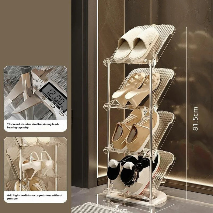4 Tier PP + Stainless Steel Pipe Narrow Shoe Rack Easy Assembly Space Saving Storage Shelf - Transparent White - 5