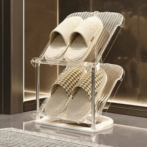 2 Tier PP + Stainless Steel Pipe Narrow Shoe Rack Easy Assembly Space Saving Storage Shelf - Transparent White - 1