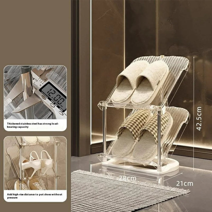 2 Tier PP + Stainless Steel Pipe Narrow Shoe Rack Easy Assembly Space Saving Storage Shelf - Transparent White - 5