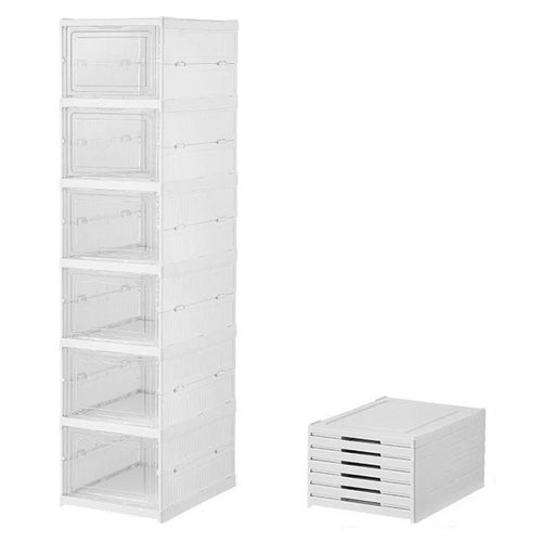 6 Layer No Installation Foldable Shoe Box Transparent Door Plastic Stackable Storage Container - White - 1