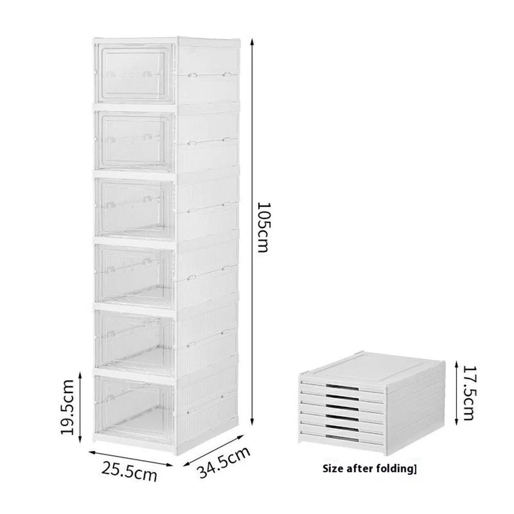 6 Layer No Installation Foldable Shoe Box Transparent Door Plastic Stackable Storage Container - White - 7