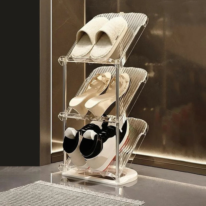 3 Tier PP + Stainless Steel Pipe Narrow Shoe Rack Easy Assembly Space Saving Storage Shelf - Transparent White - 1