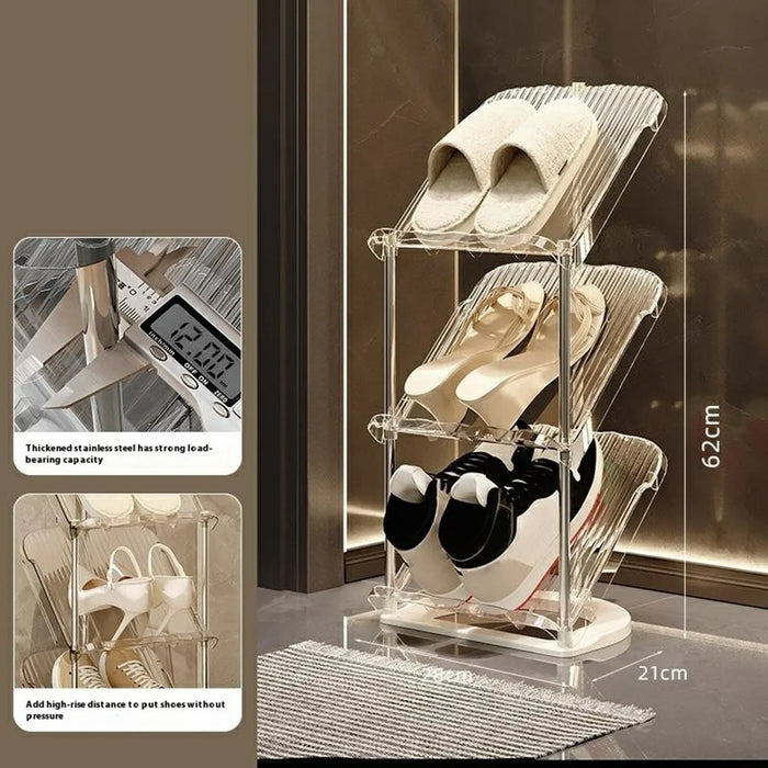 3 Tier PP + Stainless Steel Pipe Narrow Shoe Rack Easy Assembly Space Saving Storage Shelf - Transparent White - 5