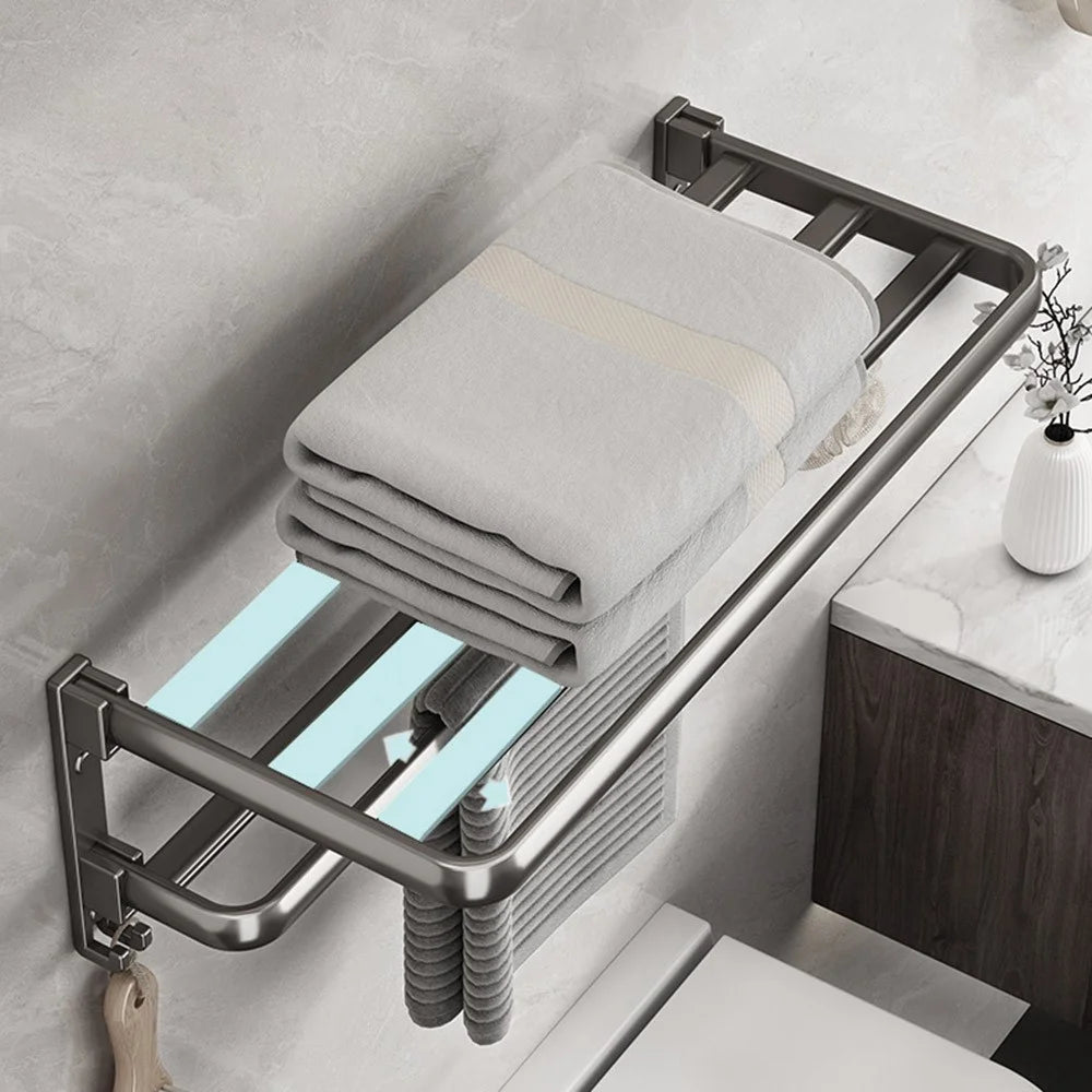 40cm Folding Wall Mounted Towel Holder Bathroom Metal Storage Rack Punching Free for Washroom / Toilet - 4