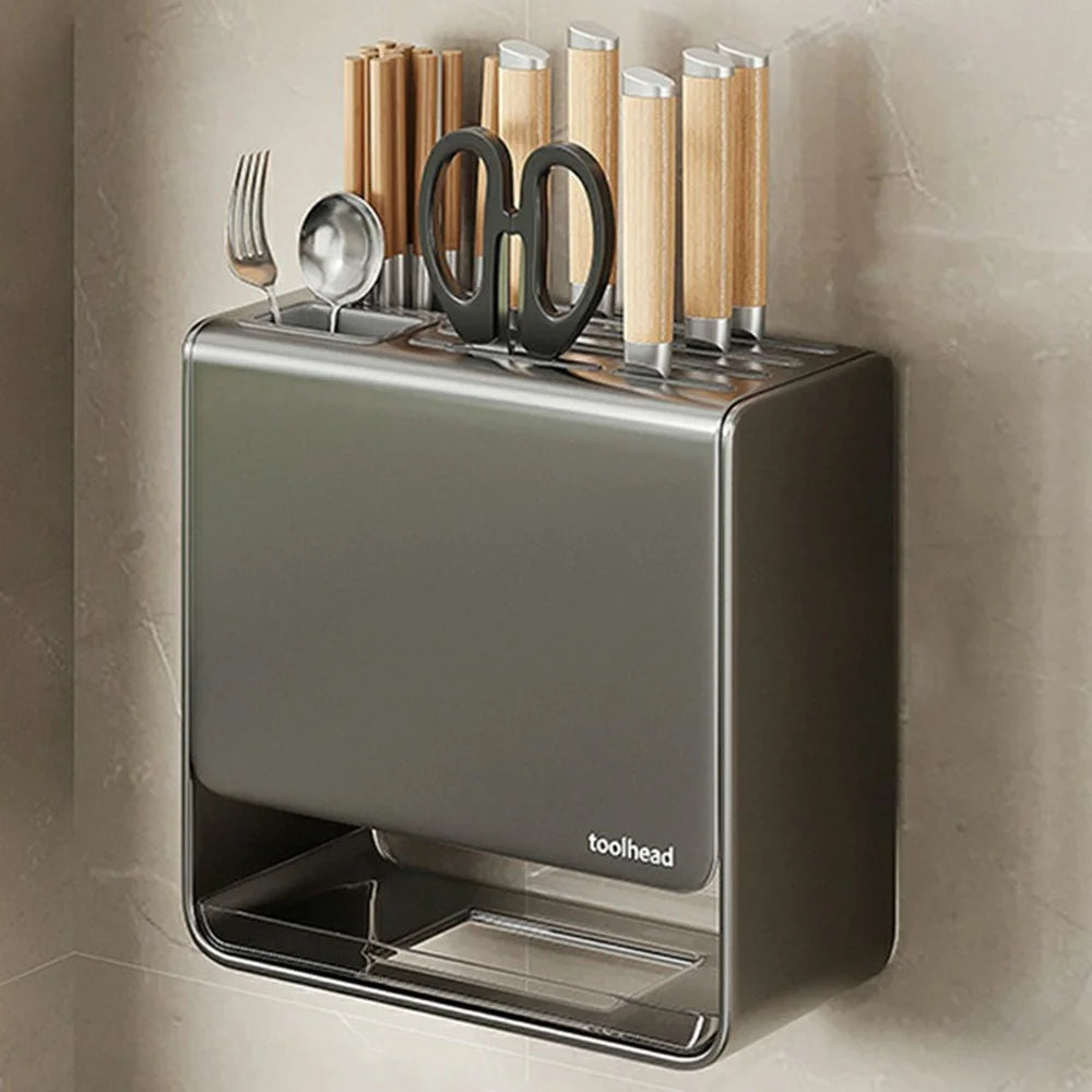 D02 Knife Block Organizer Countertop / Wall Mounted Kitchen Utensil Holder Cutlery Storage Rack Fork Spoon Stand - Tarnish - 1