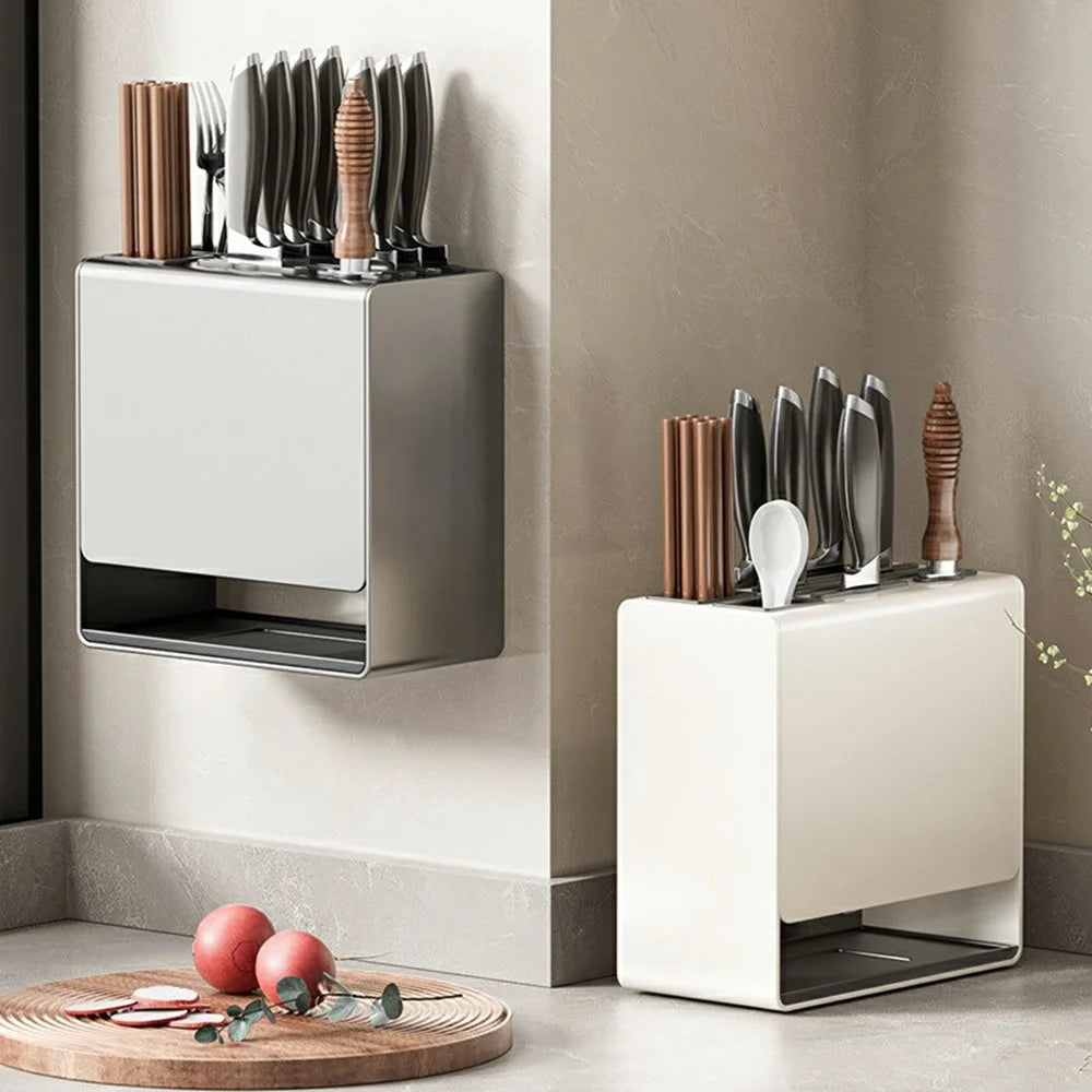 D02 Knife Block Organizer Countertop / Wall Mounted Kitchen Utensil Holder Cutlery Storage Rack Fork Spoon Stand - Tarnish - 6