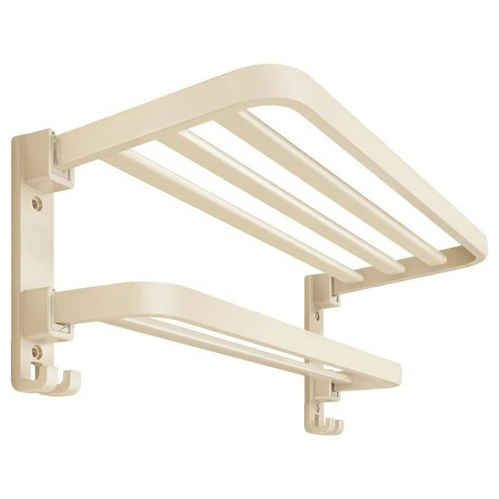 40cm Metal Towel Rack Bathroom Wall Mounted Storage Shelf No Punching Folding Hanger with Hooks - 1