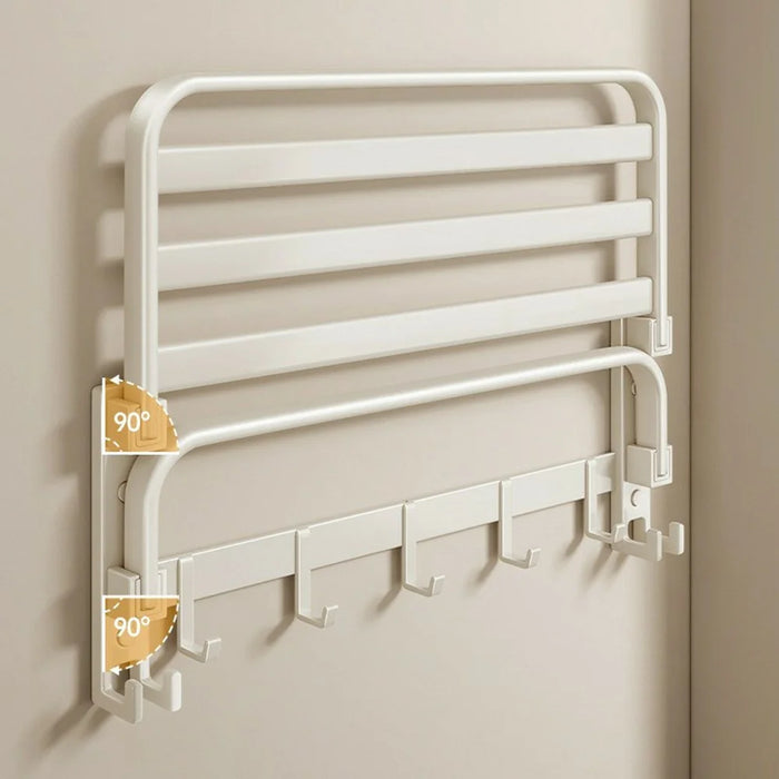 40cm Metal Towel Rack Bathroom Wall Mounted Storage Shelf No Punching Folding Hanger with Hooks - 2
