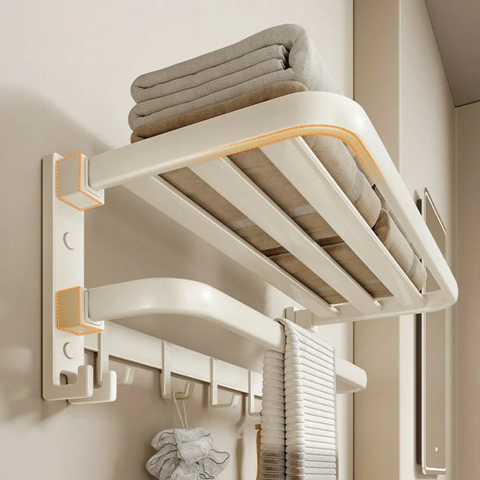 40cm Metal Towel Rack Bathroom Wall Mounted Storage Shelf No Punching Folding Hanger with Hooks - 3