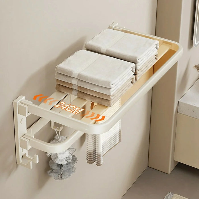 40cm Metal Towel Rack Bathroom Wall Mounted Storage Shelf No Punching Folding Hanger with Hooks - 4
