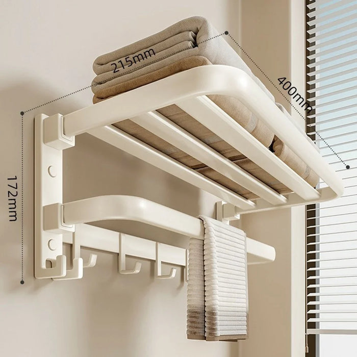 40cm Metal Towel Rack Bathroom Wall Mounted Storage Shelf No Punching Folding Hanger with Hooks - 5