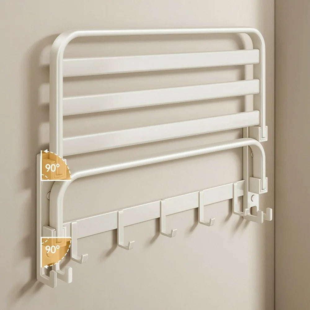 50cm Metal Towel Rack Bathroom Wall Mounted Storage Shelf No Punching Folding Hanger with Hooks - 2