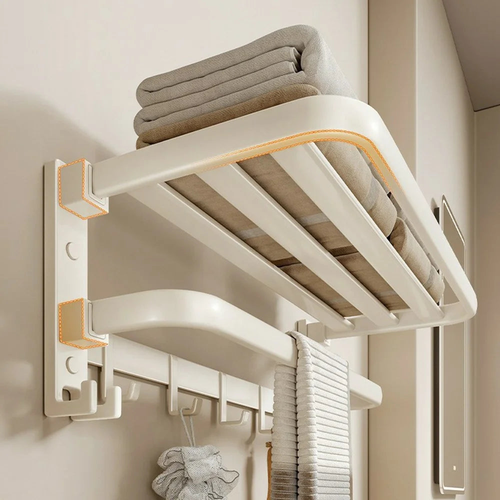 50cm Metal Towel Rack Bathroom Wall Mounted Storage Shelf No Punching Folding Hanger with Hooks - 3