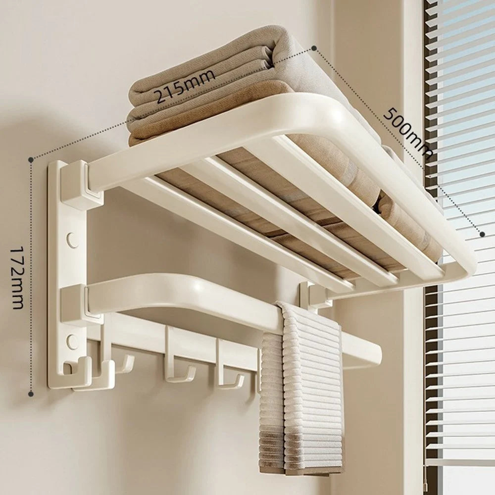 50cm Metal Towel Rack Bathroom Wall Mounted Storage Shelf No Punching Folding Hanger with Hooks - 5