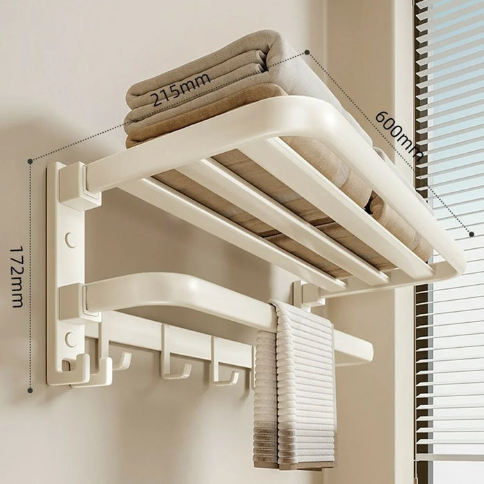 60cm Metal Towel Rack Bathroom Wall Mounted Storage Shelf No Punching Folding Hanger with Hooks - 5