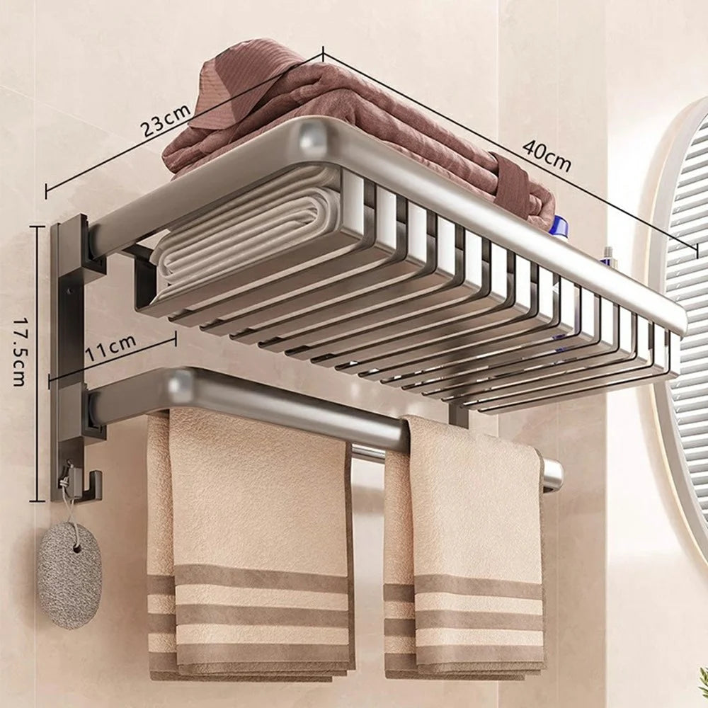 40cm Foldable Bathroom Towel Rack Aluminum Alloy Wall Mounted No Drilling Toiletries Towels Clothes Storage Shelf - 7