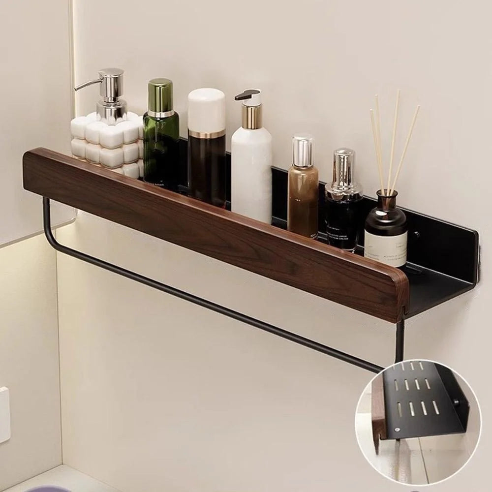 50cm Wood Bathroom Storage Shelf with Towel Bar Wall Mounted Washroom Organizer Punching Free - Black - 1