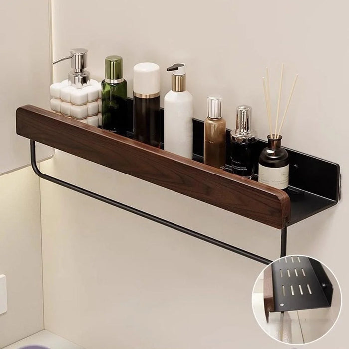50cm Wood Bathroom Storage Shelf with Towel Bar Wall Mounted Washroom Organizer Punching Free - Black - 1