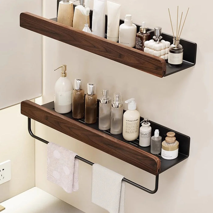 50cm Wood Bathroom Storage Shelf with Towel Bar Wall Mounted Washroom Organizer Punching Free - Black - 2