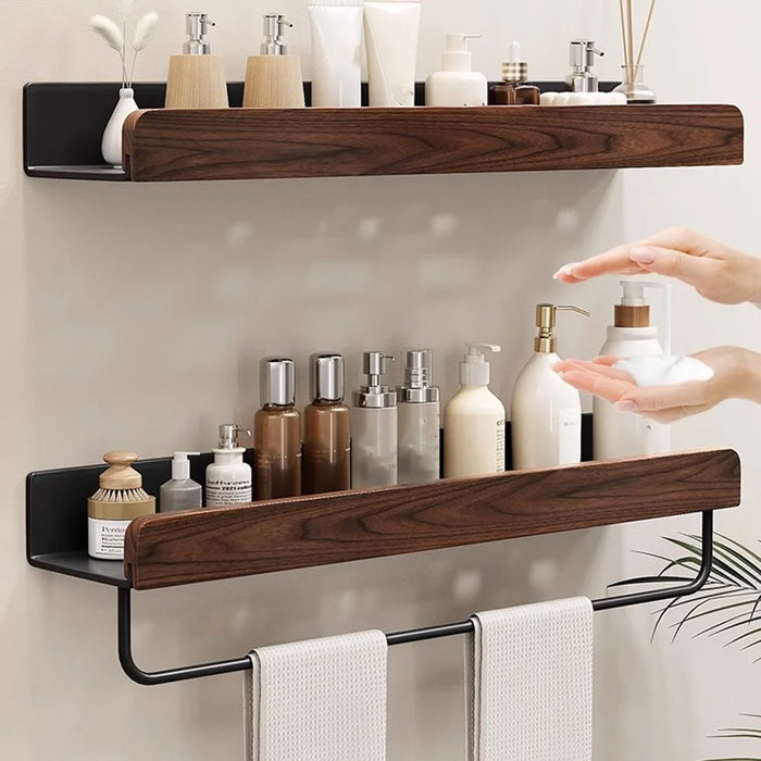 50cm Wood Bathroom Storage Shelf with Towel Bar Wall Mounted Washroom Organizer Punching Free - Black - 3