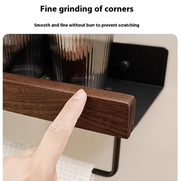 50cm Wood Bathroom Storage Shelf with Towel Bar Wall Mounted Washroom Organizer Punching Free - Black - 5