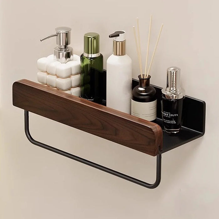 30cm Wood Bathroom Storage Shelf with Towel Bar Wall Mounted Washroom Organizer Punching Free - Black - 1