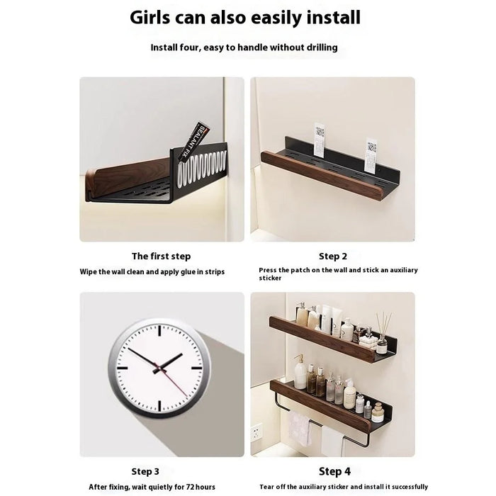 30cm Wood Bathroom Storage Shelf with Towel Bar Wall Mounted Washroom Organizer Punching Free - Black - 7