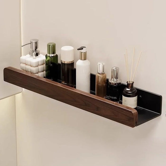 Wood Bathroom Storage Shelf 60cm Wall Mounted Organizer Rack No Punching Washroom Holder - Black - 1