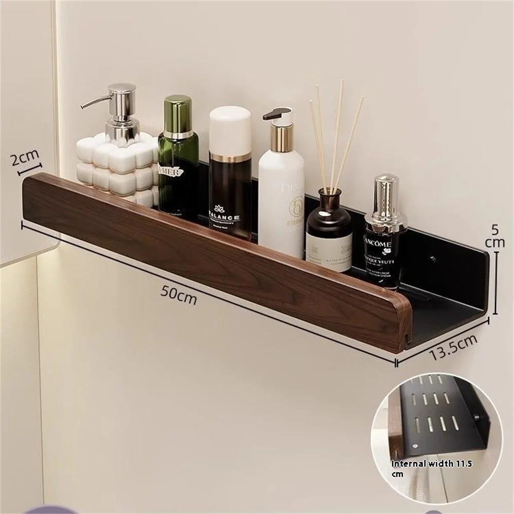 Wood Bathroom Storage Shelf 50cm Wall Mounted Organizer Rack No Punching Washroom Holder - Black - 7