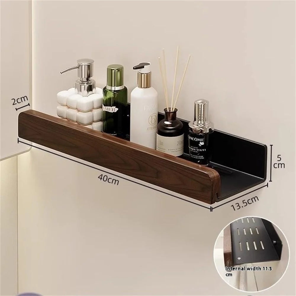 Wood Bathroom Storage Shelf 40cm Wall Mounted Organizer Rack No Punching Washroom Holder - Black - 7