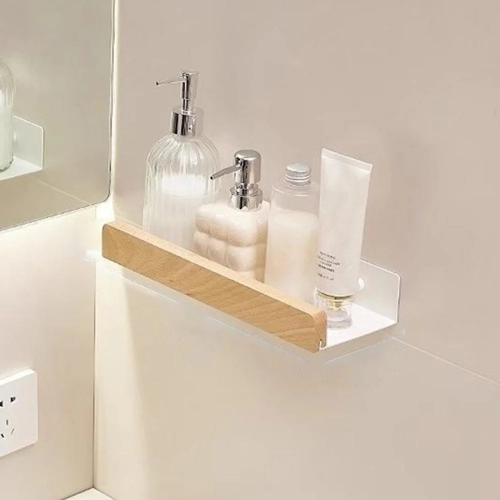 Wood Bathroom Storage Shelf 30cm Wall Mounted Organizer Rack No Punching Washroom Holder - White - 1