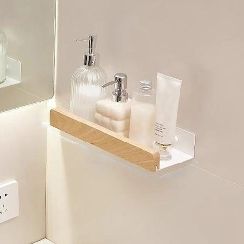 Wood Bathroom Storage Shelf 30cm Wall Mounted Organizer Rack No Punching Washroom Holder - White - 1