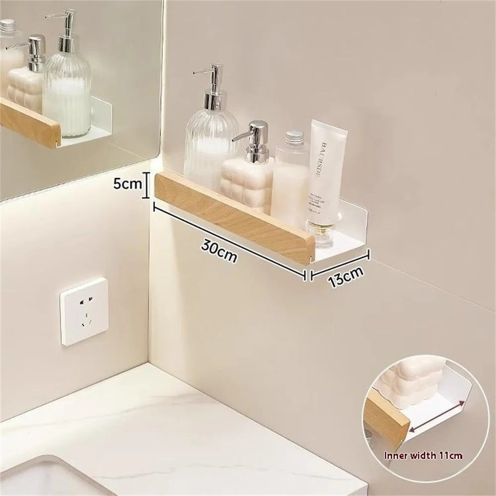 Wood Bathroom Storage Shelf 30cm Wall Mounted Organizer Rack No Punching Washroom Holder - White - 7